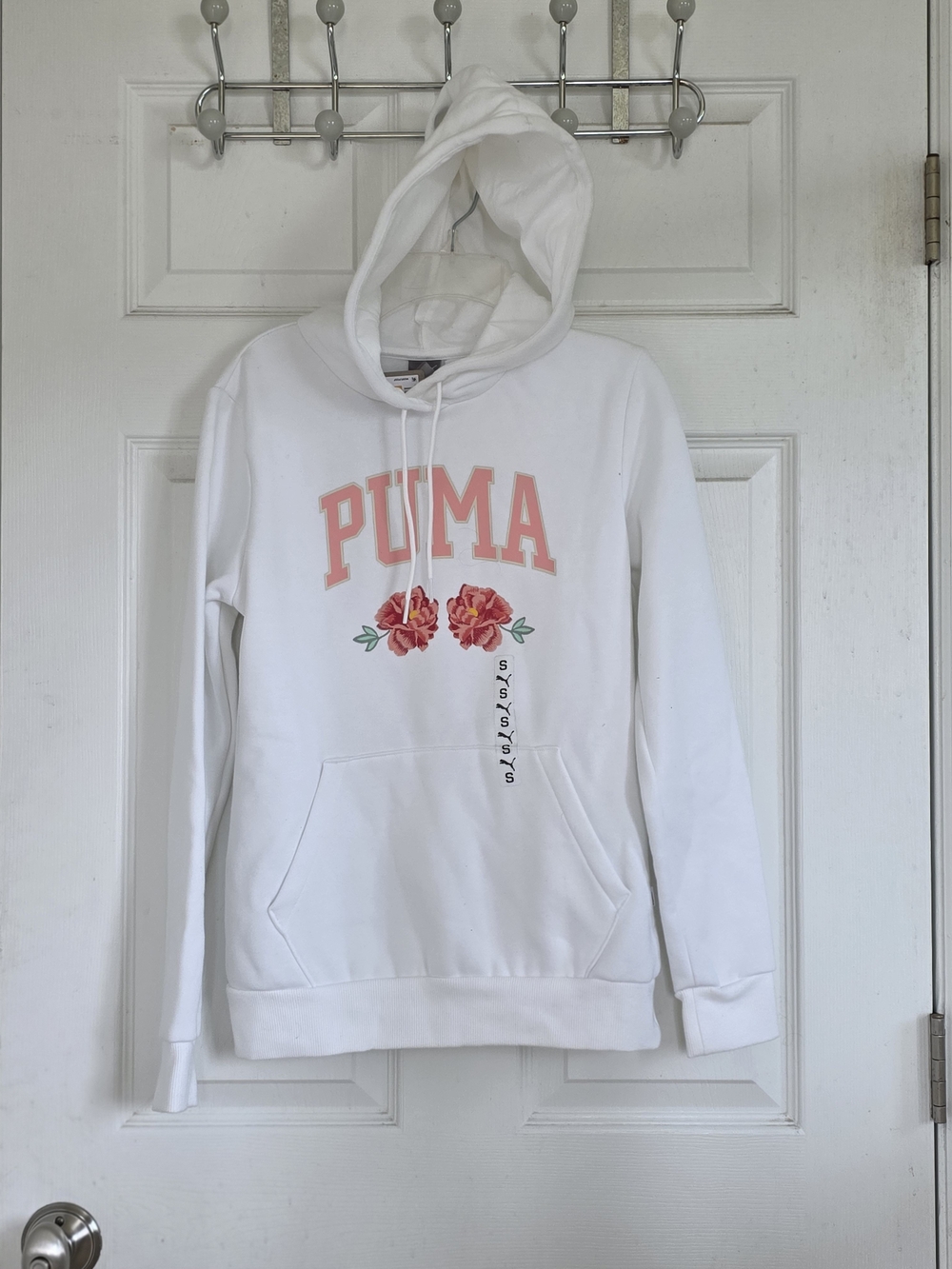 PUMA Women's JUNIOR Small White Hoodie with Pink Logo & Floral Logo